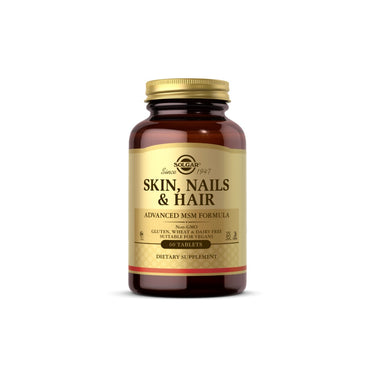 A 60-tablet bottle of Solgar Hair, Skin & Nails dietary supplement is packaged in a brown container and emphasizes its non-GMO, gluten-free, wheat-free, and dairy-free features. This vegan-friendly product is designed to support those focused on skin and nails care.